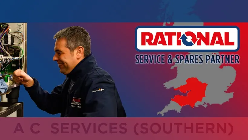 AC Services engineer at work, with the Rational Service & Spares Partner logo