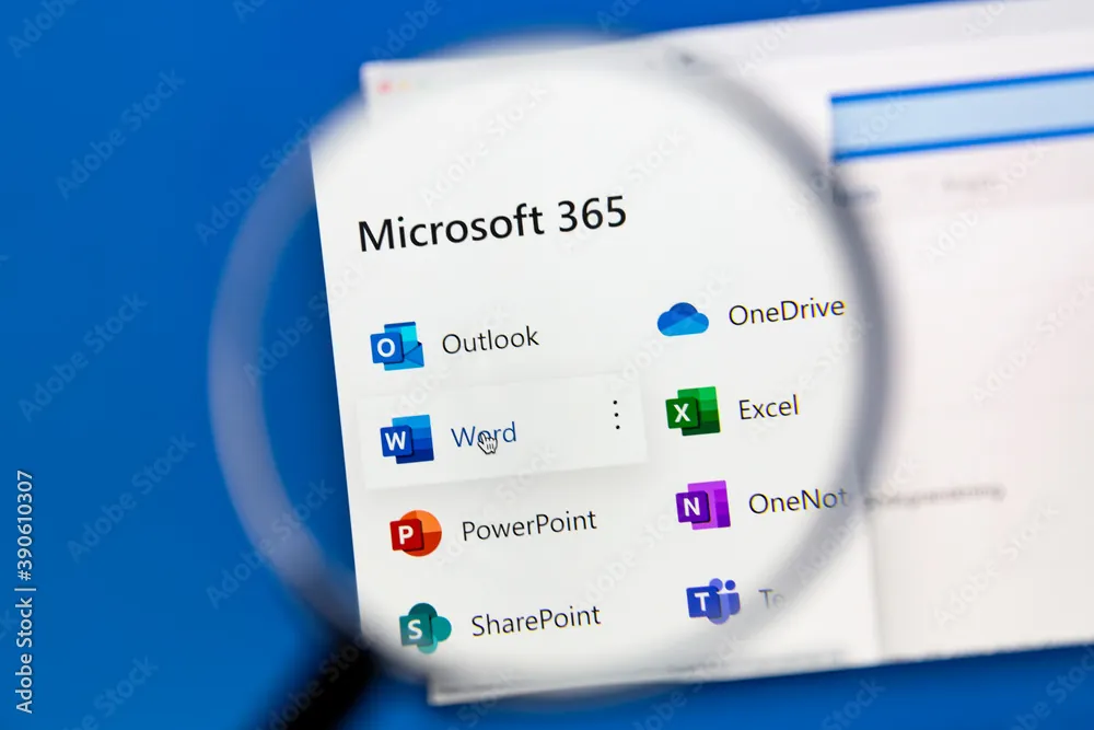 Microsoft 365 apps such as Outlook, Word, Excel and Teams seen through a magnifying glass