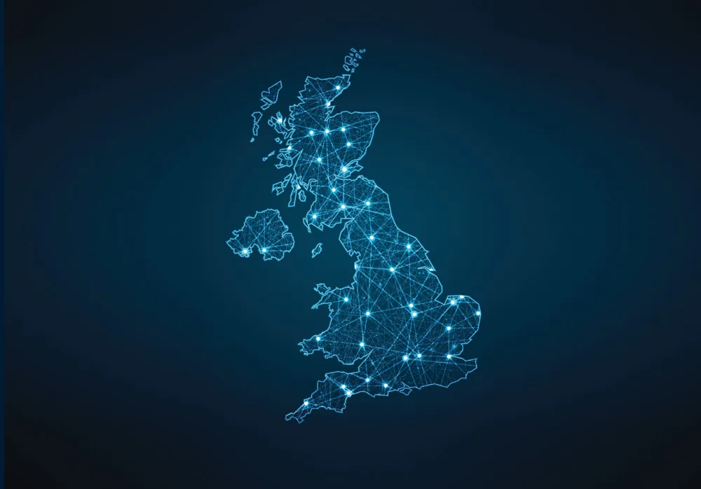 Map of the UK made of glowing network connections