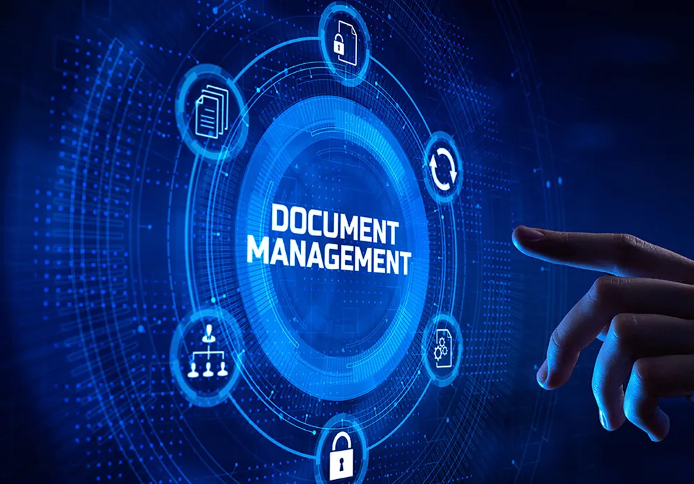Hand touching a glowing Document Management graphic