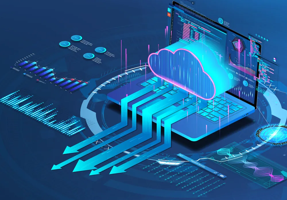 Laptop with a glowing cloud and streams of data